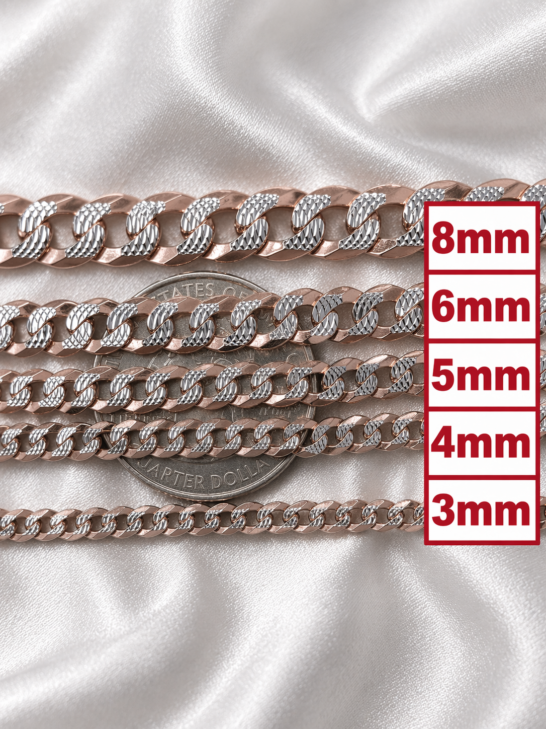 Two Tone Diamond Cut FLAT Curb Cuban Chains 14k Rose Gold Finish & Solid 925 Sterling Silver 3mm to 10.5mm (Copy)