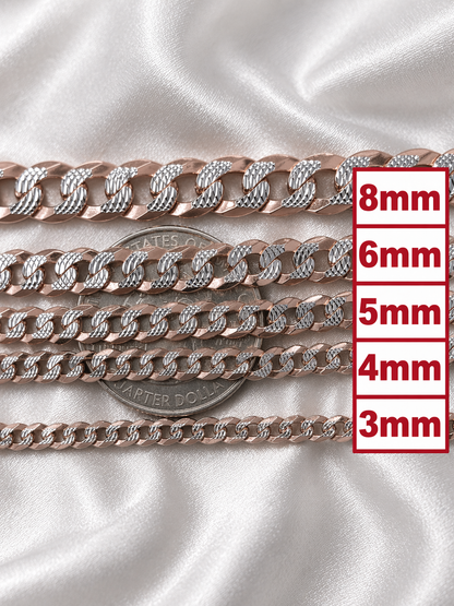 Two Tone Diamond Cut FLAT Curb Cuban Chains 14k Rose Gold Finish & Solid 925 Sterling Silver 3mm to 10.5mm (Copy)