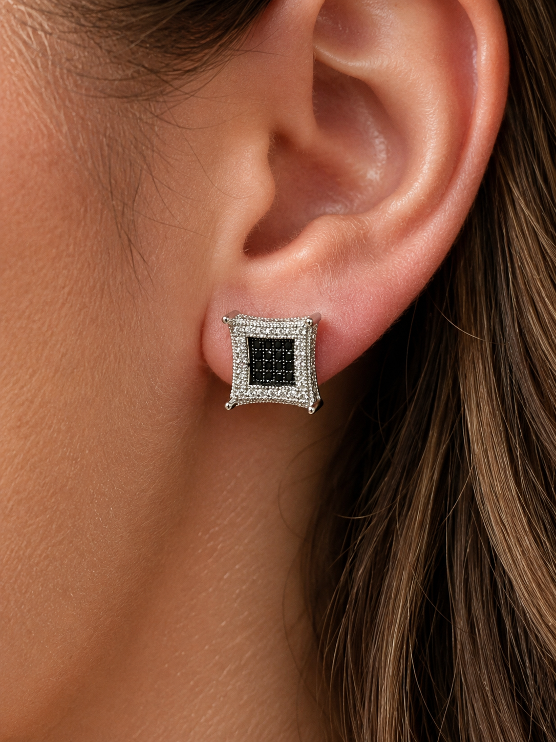 3D Kite Classic Iced Out Earrings (925 Silver, Black CZ Stones, 11.5mm)