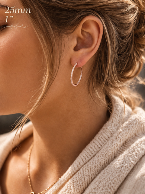 Rose Gold Vermeil Over Sterling Silver CZ Hoop Earrings 18mm - 50mm
