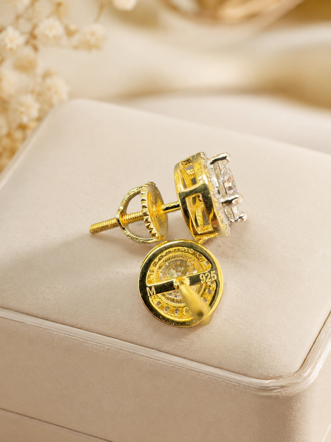 Premium Moissanite Iced Out Halo Stud Earring Set 14k Gold Vermeil over 925 Sterling Silver