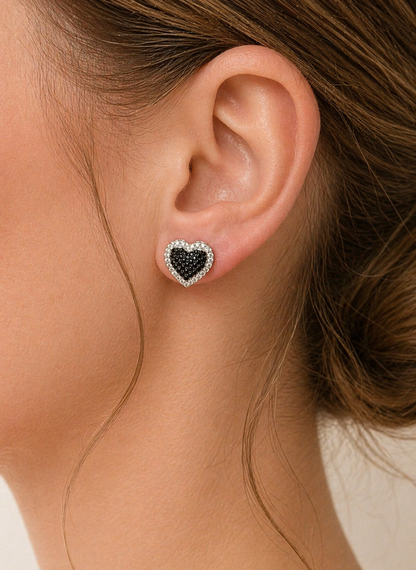 Black Ice CZ Heart Shape Stud Earrings – 925 Sterling Silver Rhodium Finish