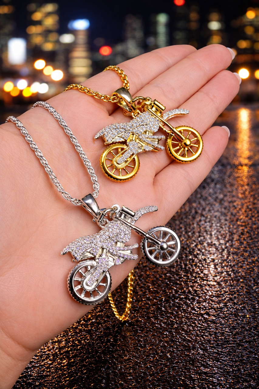 Moissanite Dirt Bike Motorcycle Pendant – Gold or Silver
