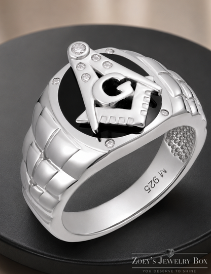 Silver Onyx Moissanite Mason Ring