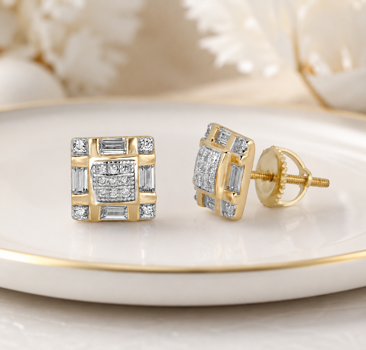 Two Tone Checkered Baguette CZ Square Earrings