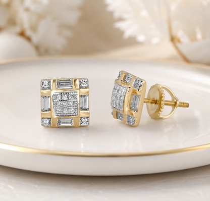 Two Tone Checkered Baguette CZ Square Earrings