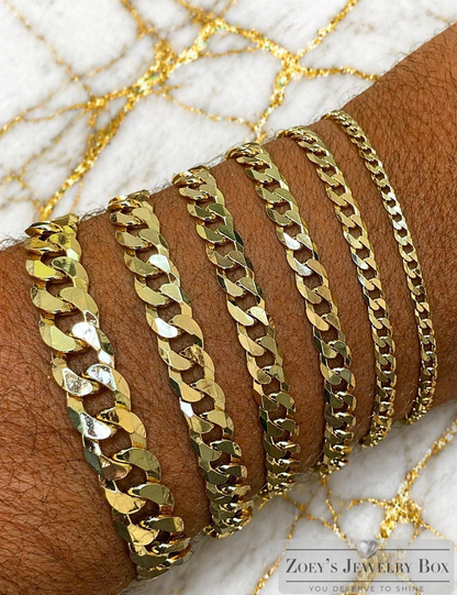 FLAT Curb Cuban Bracelets Gold Over Solid 925 Sterling Silver 3mm to 10.5mm