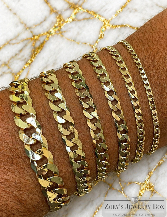 FLAT Curb Cuban Bracelets Gold Over Solid 925 Sterling Silver 3mm to 10.5mm