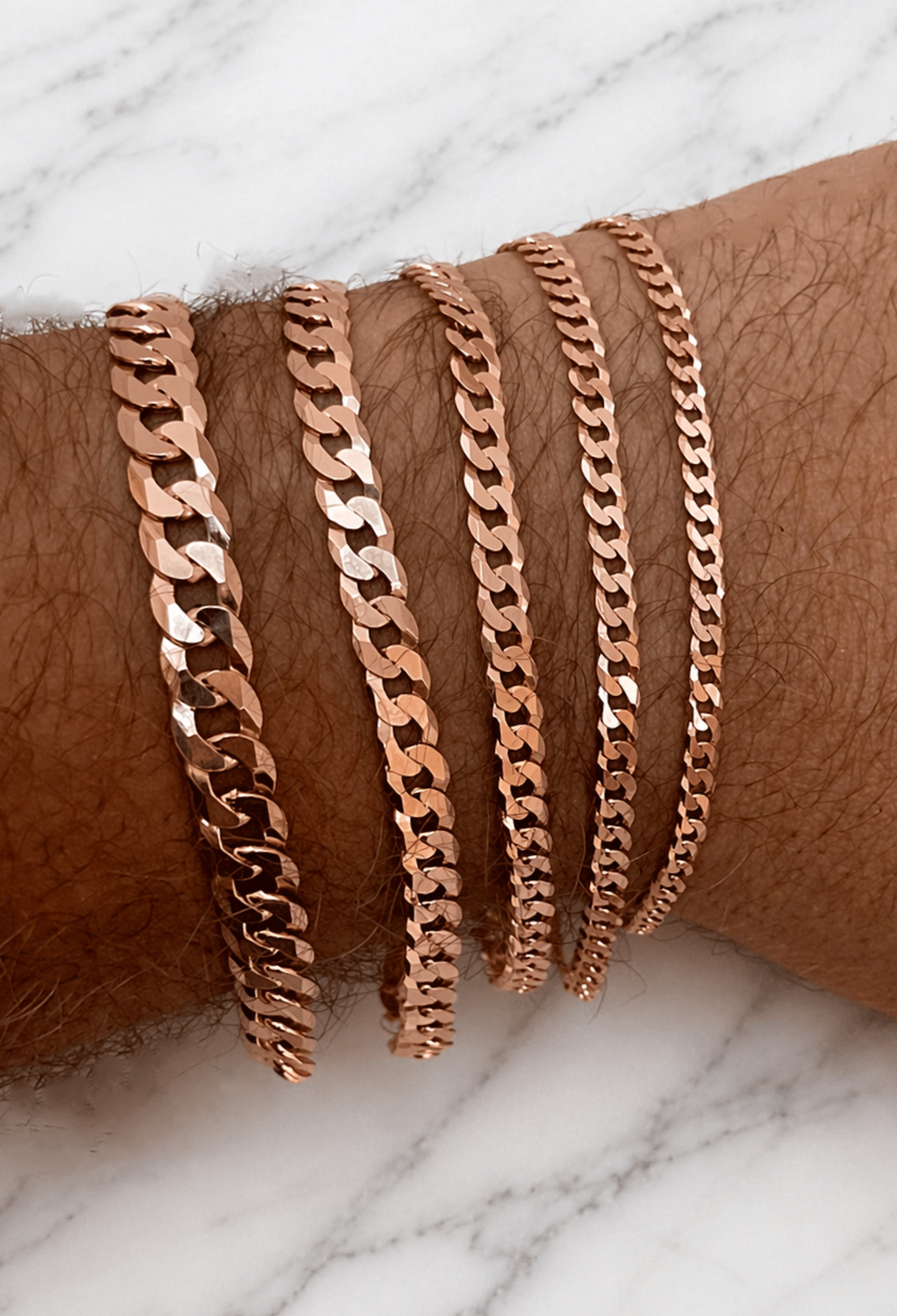 FLAT Curb Cuban Bracelets Rose Gold Over Solid 925 Sterling Silver 3mm to 10.5mm