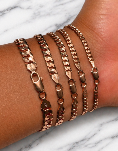 FLAT Curb Cuban Bracelets Rose Gold Over Solid 925 Sterling Silver 3mm to 10.5mm