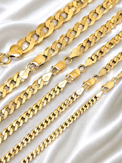 FLAT Curb Cuban Chains 14k Gold Finish over Solid 925 Sterling Silver 3mm to 10.5mm