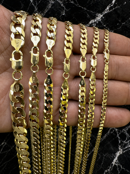 FLAT Curb Cuban Chains 14k Gold Finish over Solid 925 Sterling Silver 3mm to 10.5mm