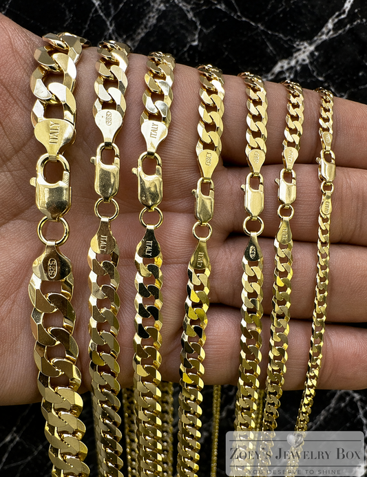 FLAT Curb Cuban Chains 14k Gold Finish over Solid 925 Sterling Silver 3mm to 10.5mm