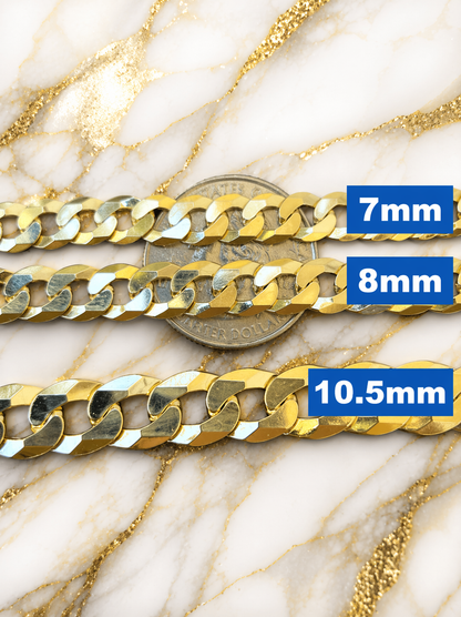 FLAT Curb Cuban Chains 14k Gold Finish over Solid 925 Sterling Silver 3mm to 10.5mm
