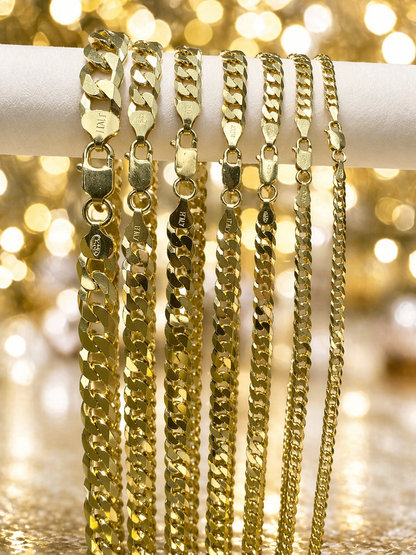 FLAT Curb Cuban Chains 14k Gold Finish over Solid 925 Sterling Silver 3mm to 10.5mm