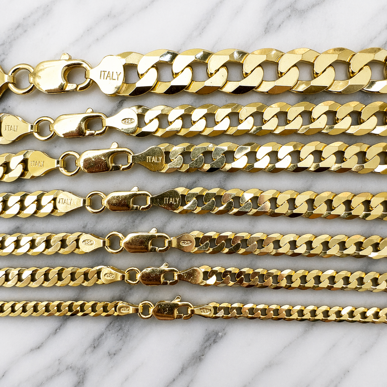 FLAT Curb Cuban Chains 14k Gold Finish over Solid 925 Sterling Silver 3mm to 10.5mm