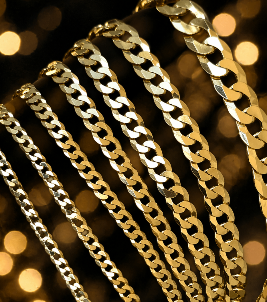 FLAT Curb Cuban Chains 14k Gold Finish over Solid 925 Sterling Silver 3mm to 10.5mm