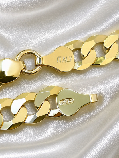 FLAT Curb Cuban Chains 14k Gold Finish over Solid 925 Sterling Silver 3mm to 10.5mm