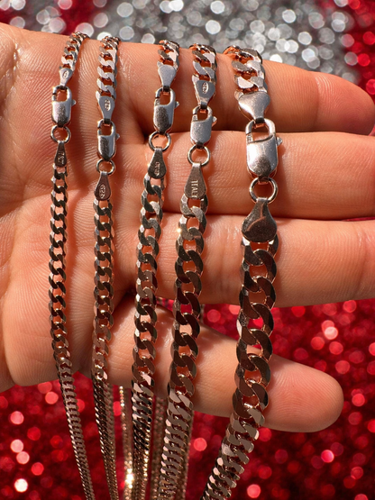 FLAT Curb Cuban Chains 14k Rose Gold Finish over Solid 925 Sterling Silver 3mm to 8mm