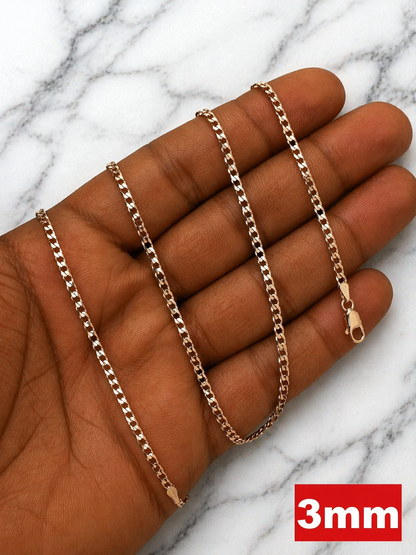 FLAT Curb Cuban Chains 14k Rose Gold Finish over Solid 925 Sterling Silver 3mm to 8mm