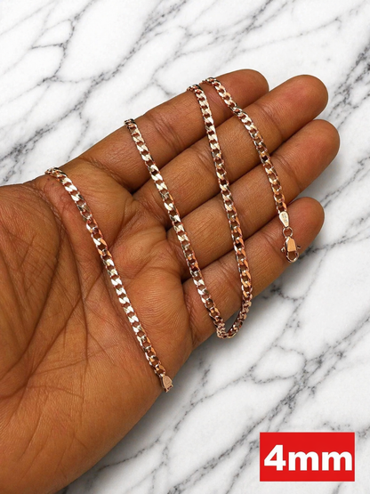 FLAT Curb Cuban Chains 14k Rose Gold Finish over Solid 925 Sterling Silver 3mm to 8mm