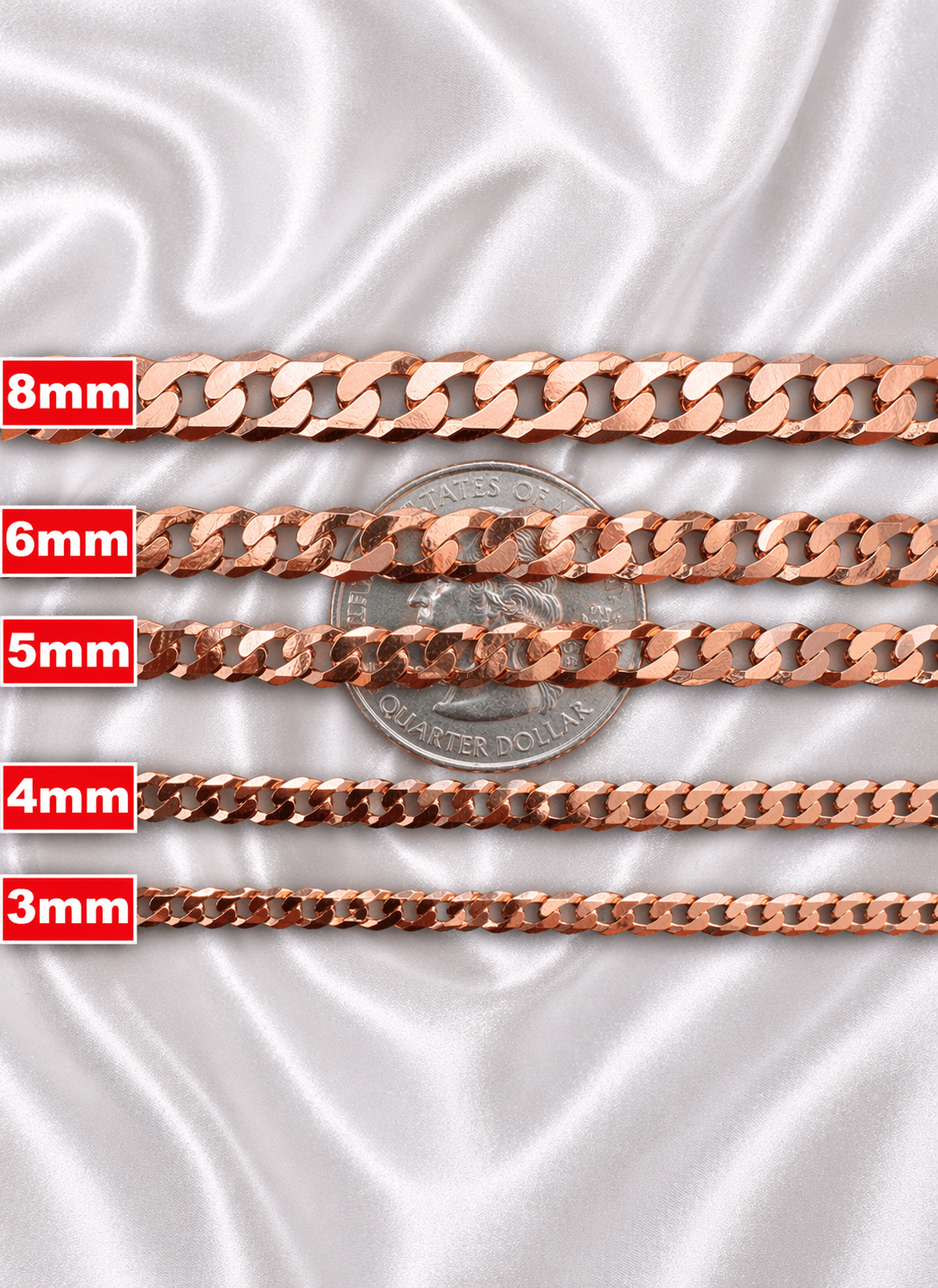 FLAT Curb Cuban Chains 14k Rose Gold Finish over Solid 925 Sterling Silver 3mm to 8mm
