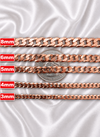FLAT Curb Cuban Chains 14k Rose Gold Finish over Solid 925 Sterling Silver 3mm to 8mm