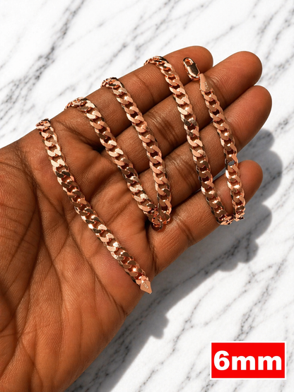 FLAT Curb Cuban Chains 14k Rose Gold Finish over Solid 925 Sterling Silver 3mm to 8mm