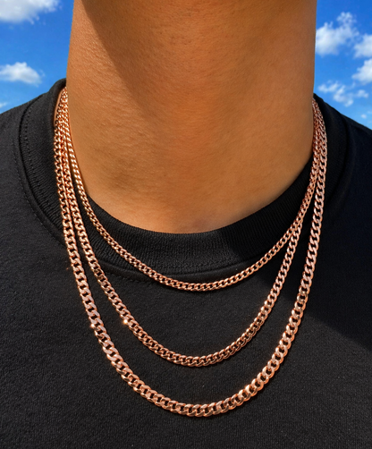 FLAT Curb Cuban Chains 14k Rose Gold Finish over Solid 925 Sterling Silver 3mm to 8mm