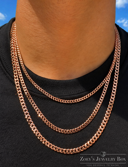 FLAT Curb Cuban Chains 14k Rose Gold Finish over Solid 925 Sterling Silver 3mm to 8mm
