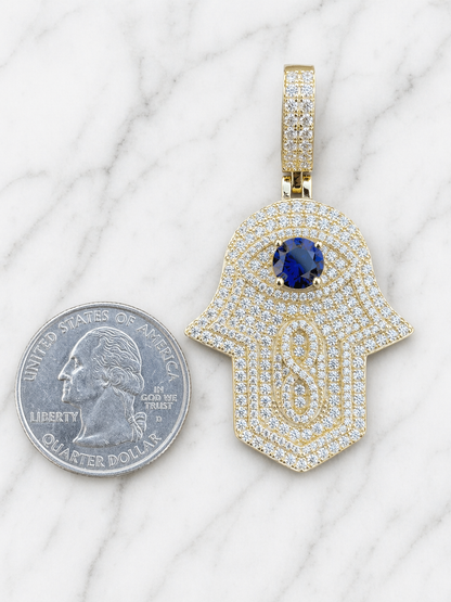 Moissanite Hamsa Evil Eye Pendant Simulated Sapphire Sterling Silver ~ Gold or Rhodium Finish