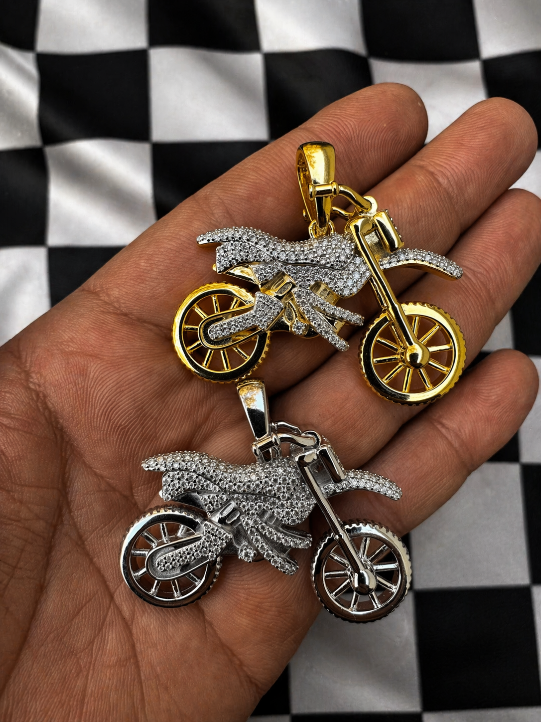 Moissanite Dirt Bike Motorcycle Pendant – Gold or Silver