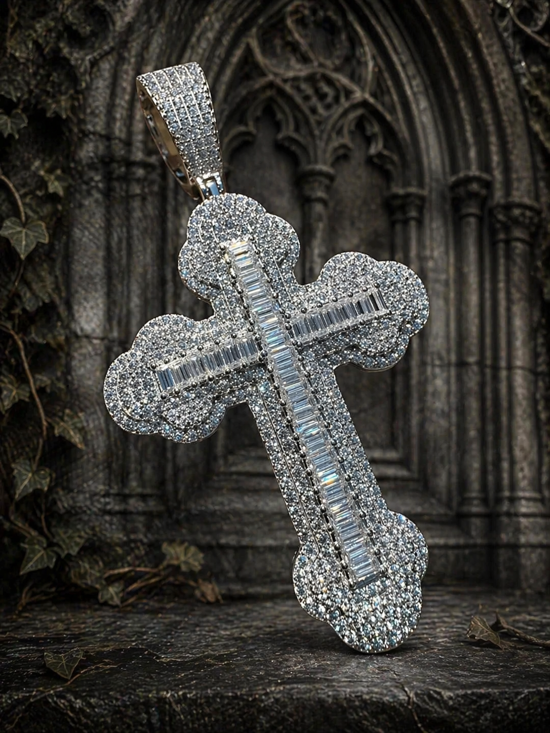 Baguette Moissanite 925 Sterling Silver Gothic Cross Pendant - 3 Sizes