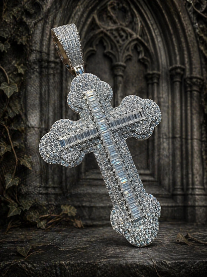 Baguette Moissanite 925 Sterling Silver Gothic Cross Pendant - 3 Sizes