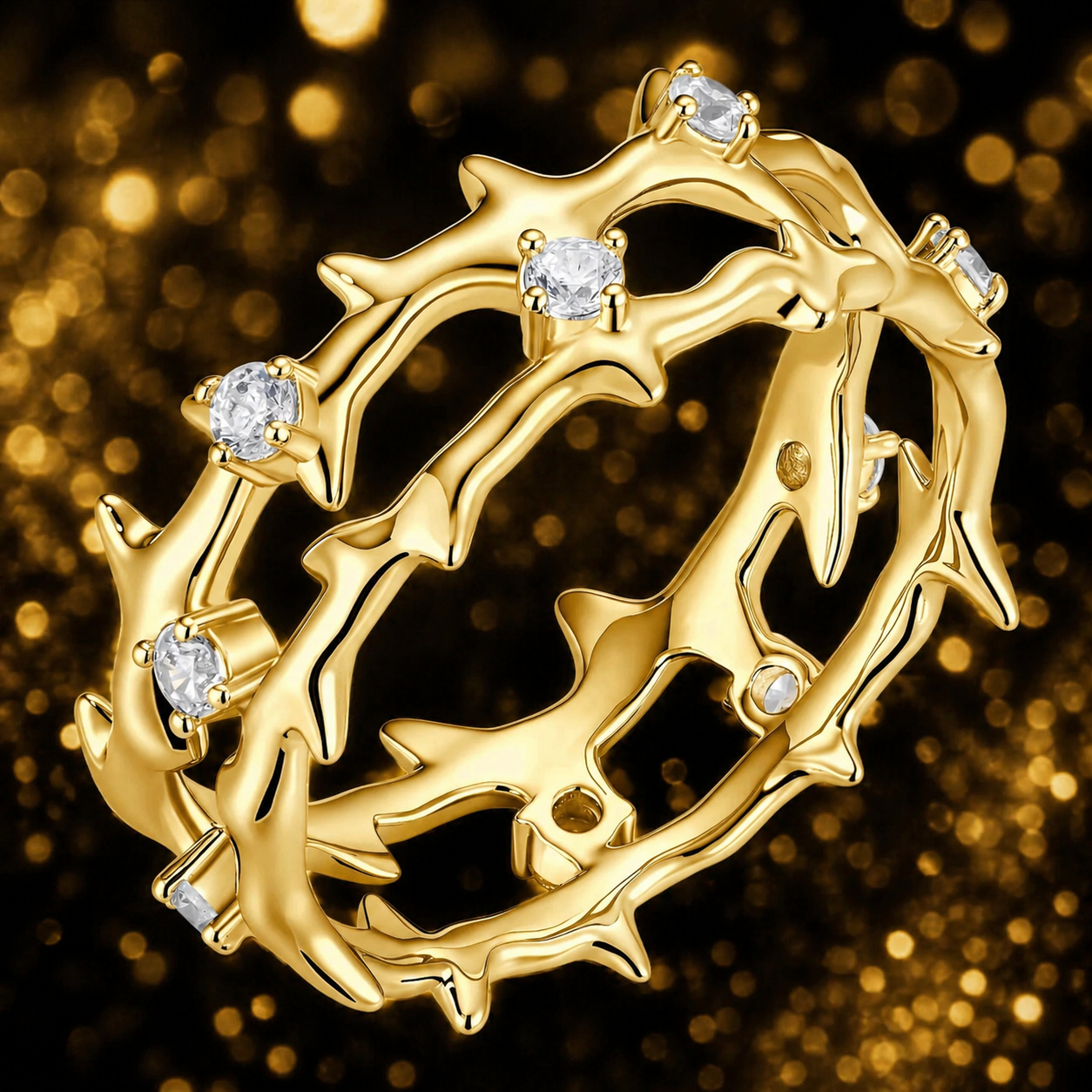 Moissanite Jesus Crown of Thorns Ring, 14k Gold Vermeil Over 925 Sterling Silver Band