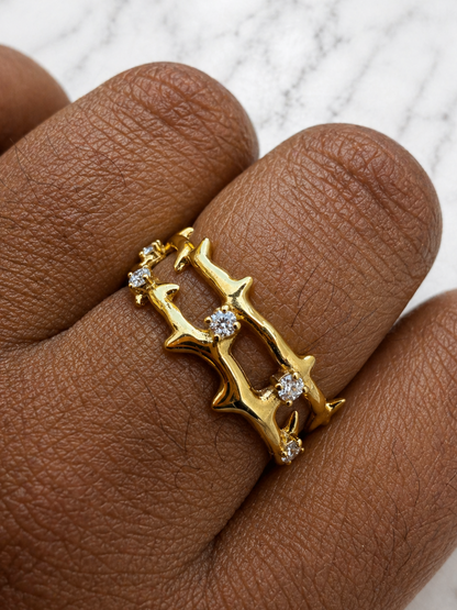 Moissanite Jesus Crown of Thorns Ring, 14k Gold Vermeil Over 925 Sterling Silver Band