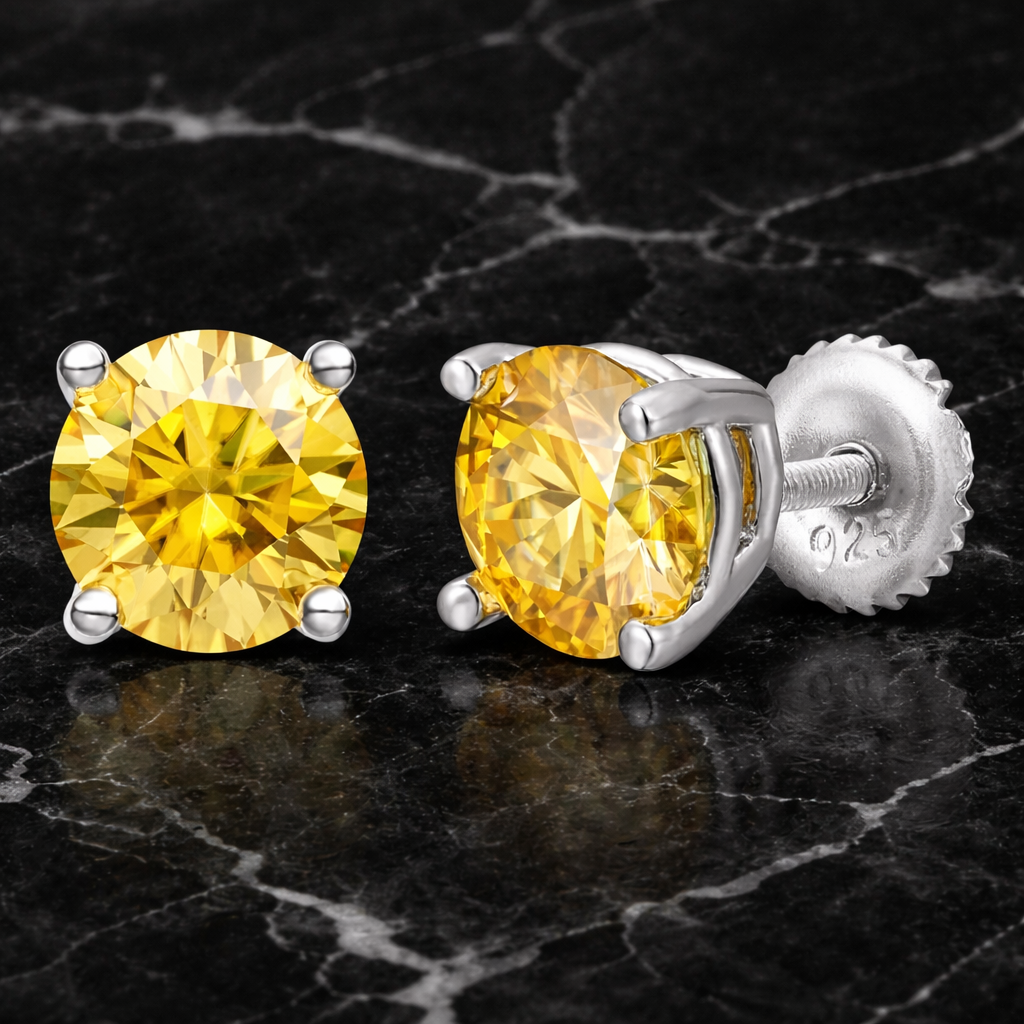 Canary Yellow Moissanite Stud Earrings for Men or Women 925 Sterling Silver