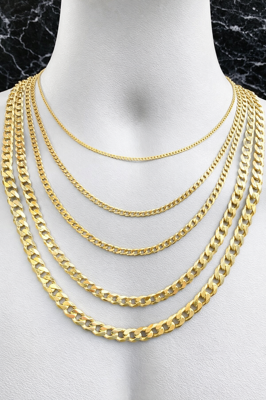 Curb Cuban Chains & Bracelets 14k Gold Finish over Solid 925 Sterling Silver 2mm - 16mm