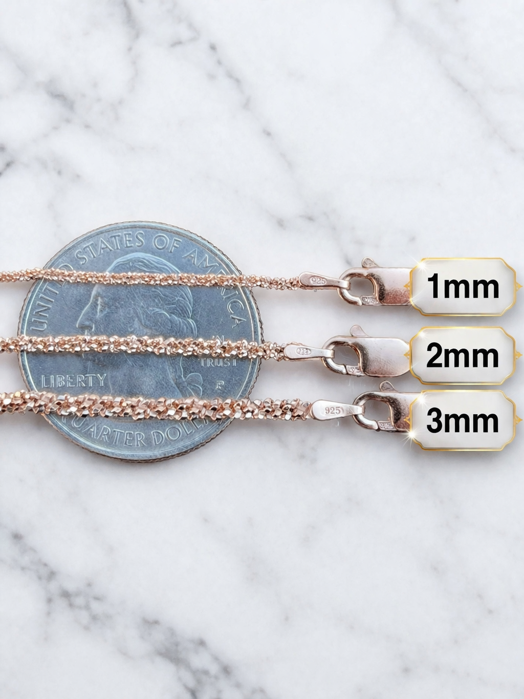14k Rose Gold Over 925 Sterling Silver Margarita Sparkle Rope Chains 1mm, 2mm, 3mm