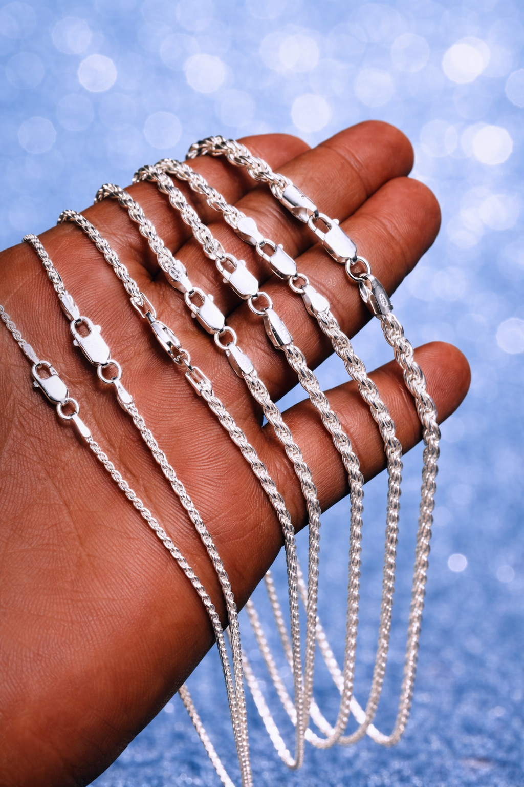 925 Sterling Silver Diamond Cut Rope Chains 1.5mm to 5mm