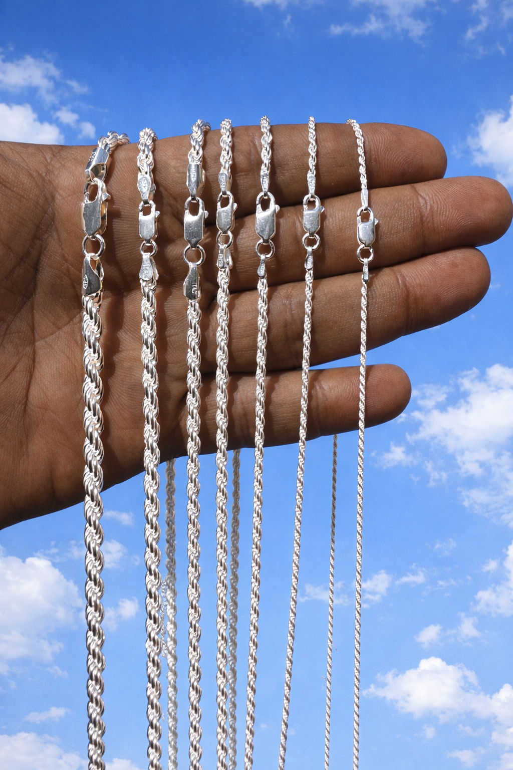 925 Sterling Silver Diamond Cut Rope Chains 1.5mm to 5mm