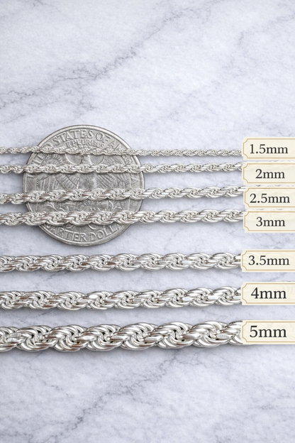 925 Sterling Silver Diamond Cut Rope Chains 1.5mm to 5mm