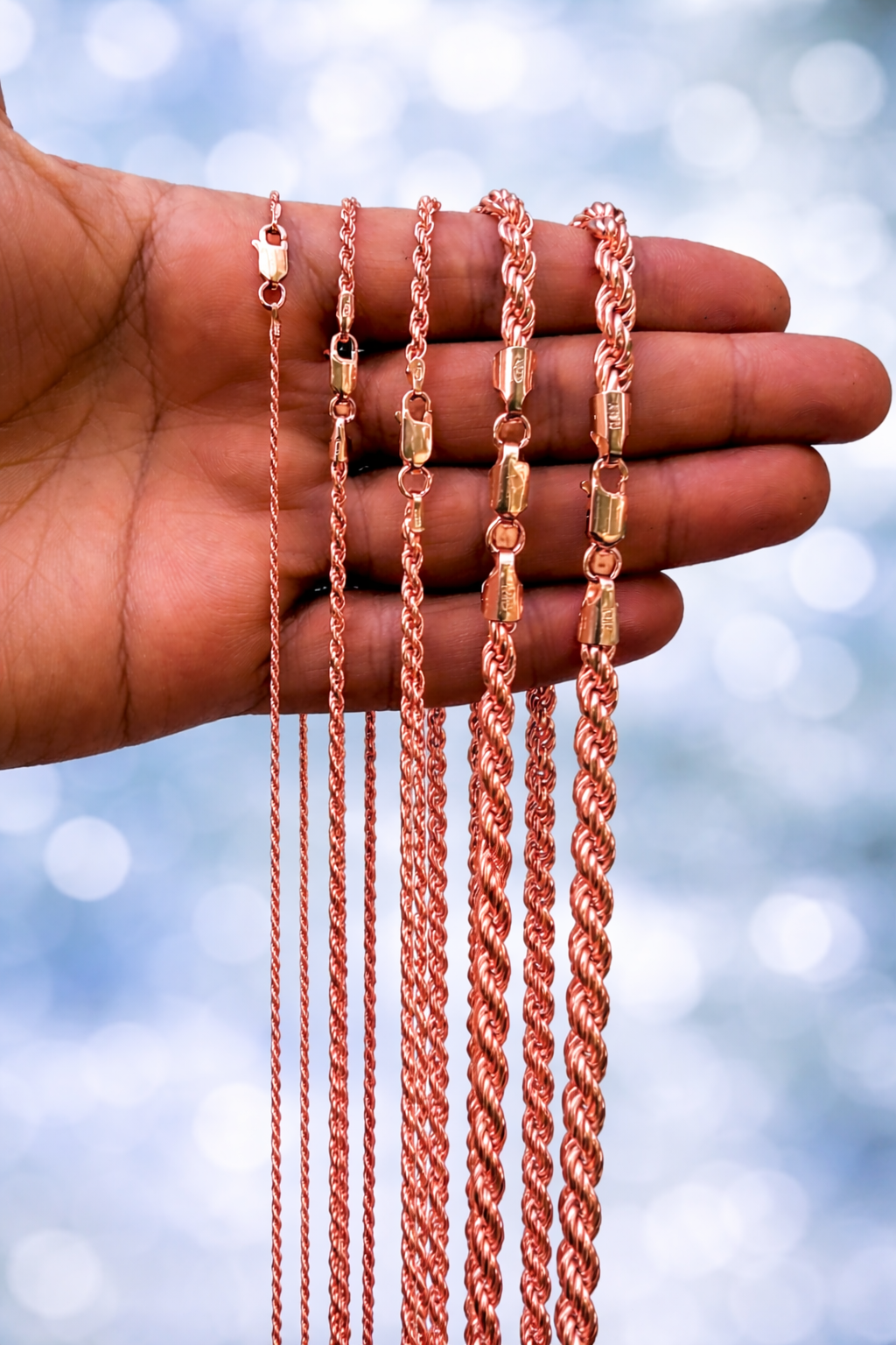 14k Rose Gold Vermeil Over 925 Sterling Silver Diamond Cut Rope Chains 1.5mm to 6mm