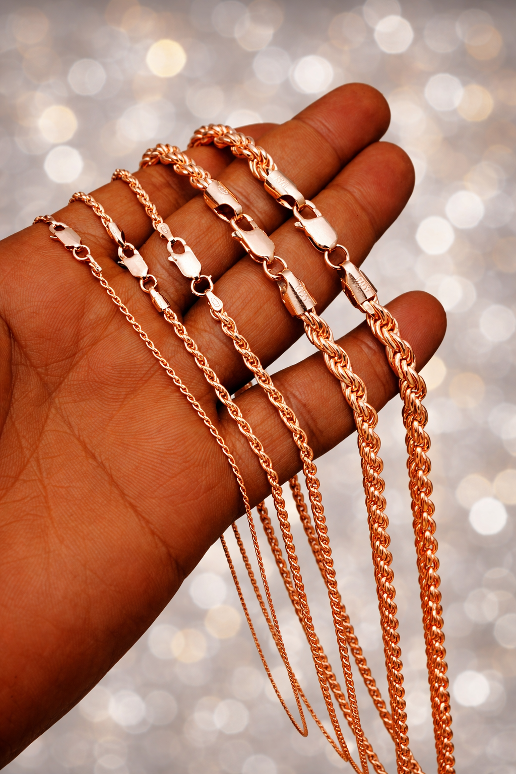 14k Rose Gold Vermeil Over 925 Sterling Silver Diamond Cut Rope Chains 1.5mm to 6mm