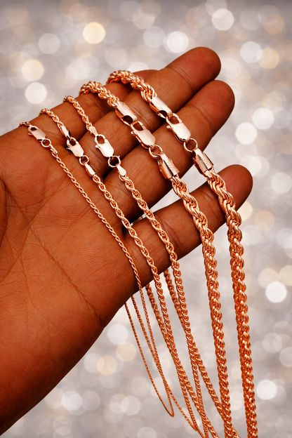 14k Rose Gold Vermeil Over 925 Sterling Silver Diamond Cut Rope Chains 1.5mm to 6mm