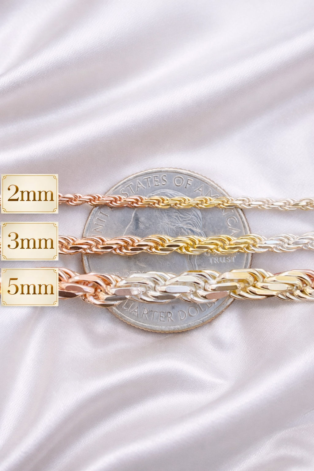 Tri-Color 925 Sterling Silver Diamond Cut Rope Chains 2mm to 5mm