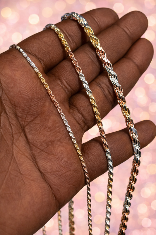 Tri-Color 925 Sterling Silver Diamond Cut Rope Chains 2mm to 5mm