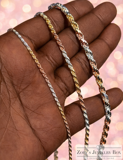 Tri-Color 925 Sterling Silver Diamond Cut Rope Chains 2mm to 5mm