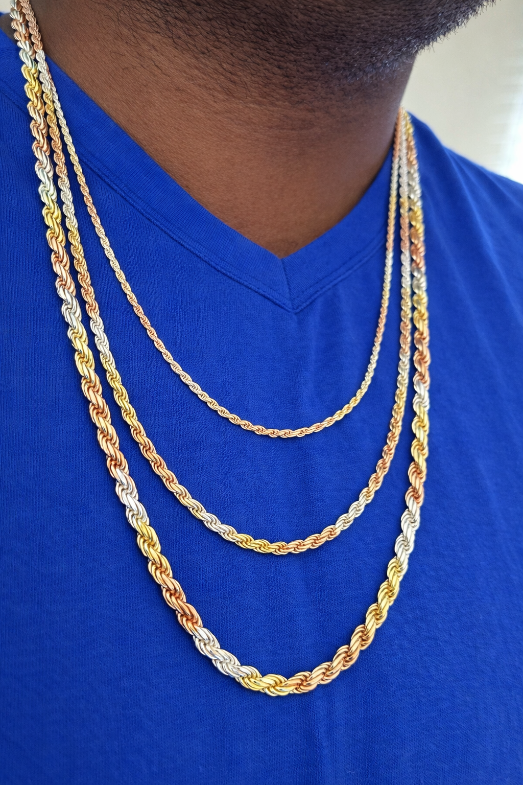 Tri-Color 925 Sterling Silver Diamond Cut Rope Chains 2mm to 5mm