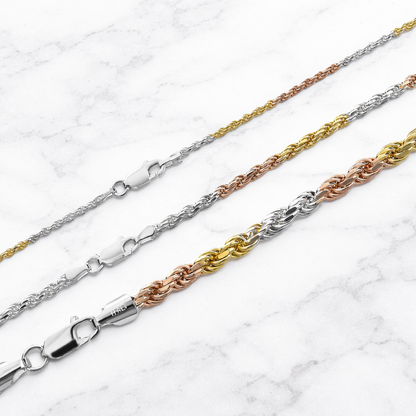 Tri-Color 925 Sterling Silver Diamond Cut Rope Chains 2mm to 5mm